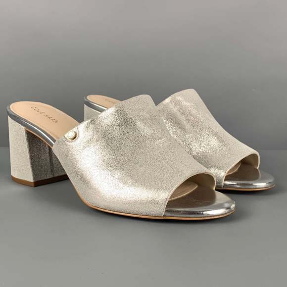 COLE HAAN Silver Leather Peep Toe Sandals - Picture 2 of 7